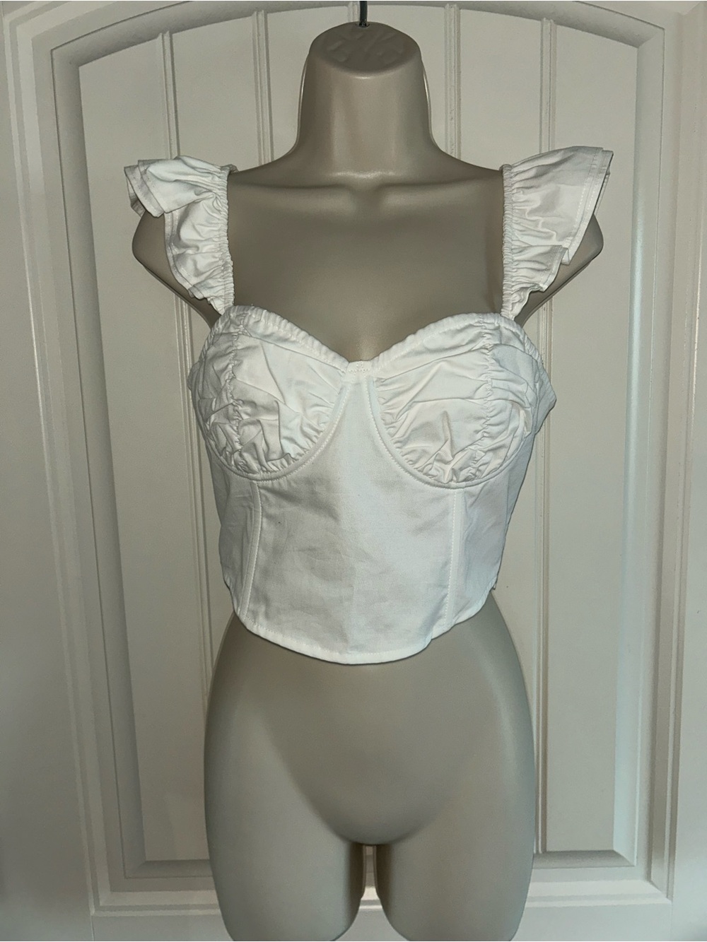NEW Lush White Ruffle-Strap Bustier Crop Top Sz M